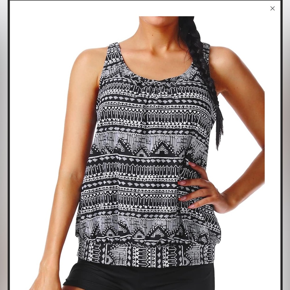 Black and White Patterned Women's Tankini Swim Top-XL